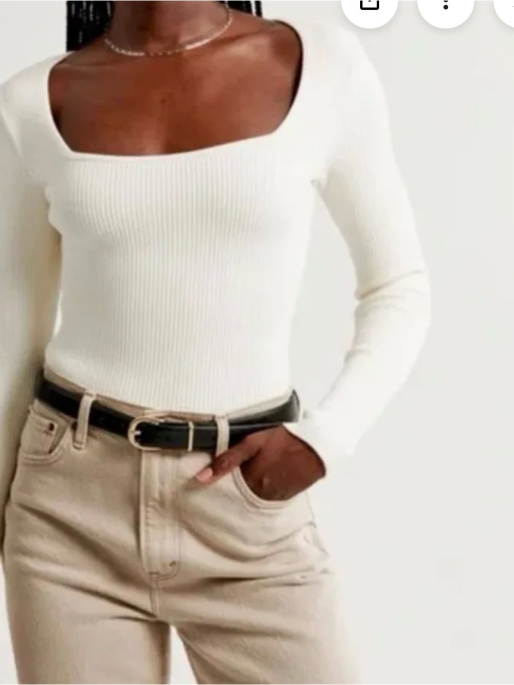 Abercrombie & Fitch Cream Ribbed Square-Neck Long-Sleeve Bodysuit